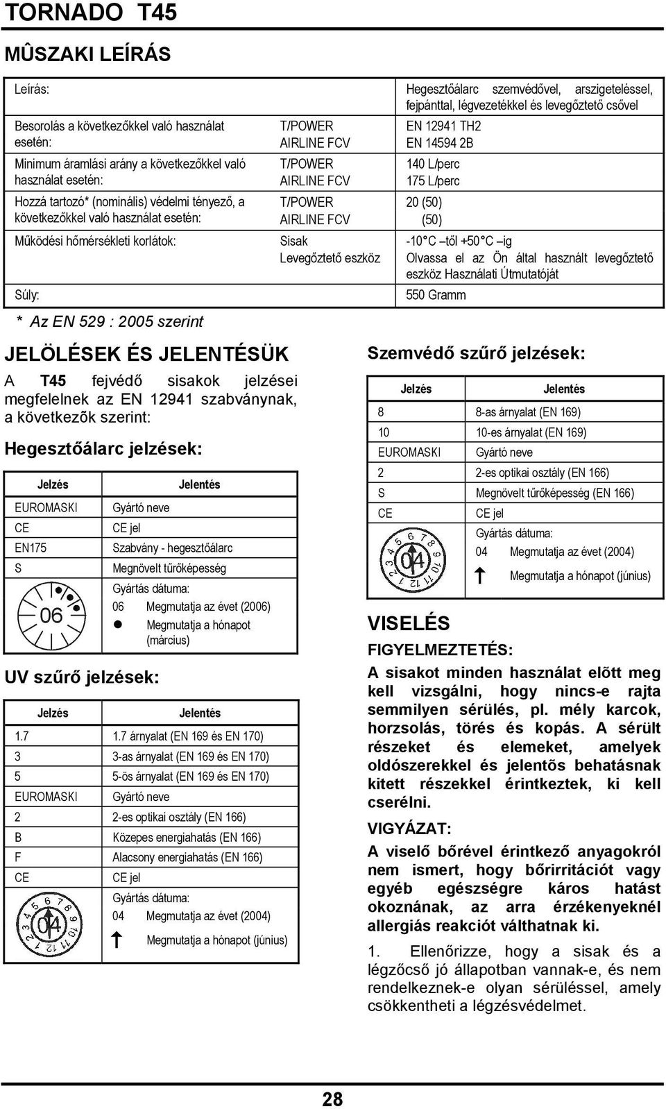 L/perc T/POWER 20 (50) AIRLINE FCV 20 (50) Működési hőmérsékleti korlátok: Sisak -10 C től +50 C ig Levegőztető eszköz Olvassa el az Ön által használt levegőztető eszköz Használati Útmutatóját Súly: