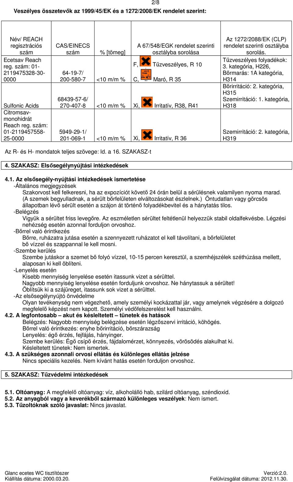 Irritatív, R38, R41 / 201-069-1 <10 m/m % Xi, Irritatív, R 36 Az 1272/2088/EK (CLP) rendelet szerinti osztályba sorolás. Tűzveszélyes folyadékok: 3.