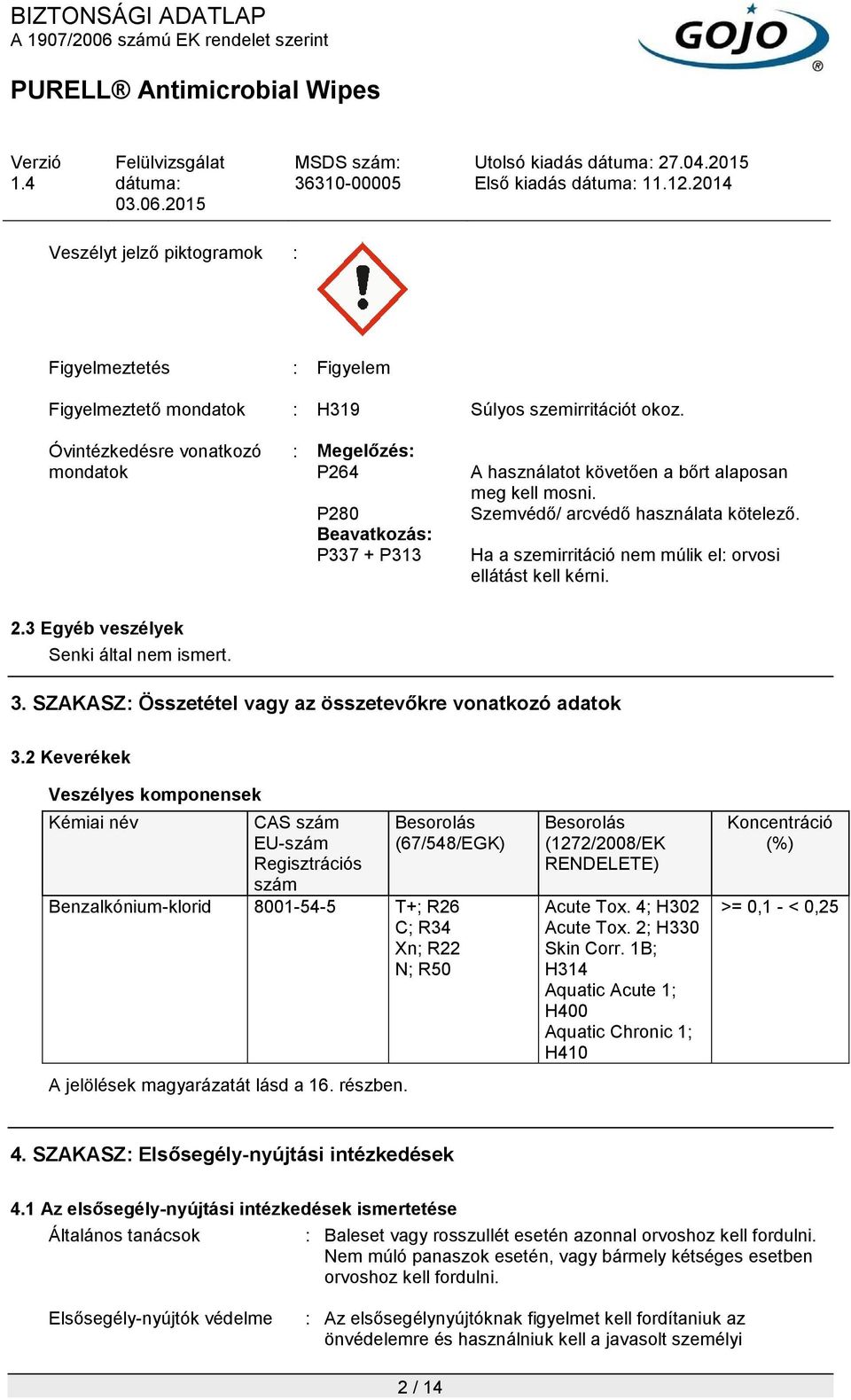 Ha a szemirritáció nem múlik el: orvosi ellátást kell kérni. 2.3 Egyéb veszélyek Senki által nem ismert. 3. SZAKASZ: Összetétel vagy az összetevőkre vonatkozó adatok 3.