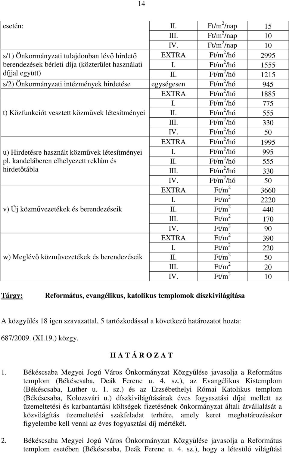 Ft/m 2 /hó 775 t) Közfunkciót vesztett közmővek létesítményei II. Ft/m 2 /hó 555 u) Hirdetésre használt közmővek létesítményei pl.