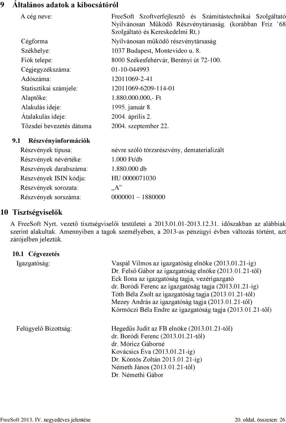 Cégjegyzékszáma: 01-10-044993 Adószáma: 12011069-2-41 Statisztikai számjele: 12011069-6209-114-01 Alaptőke: 1.880.000.000,- Ft Alakulás ideje: 1995. január 8. Átalakulás ideje: 2004. április 2.