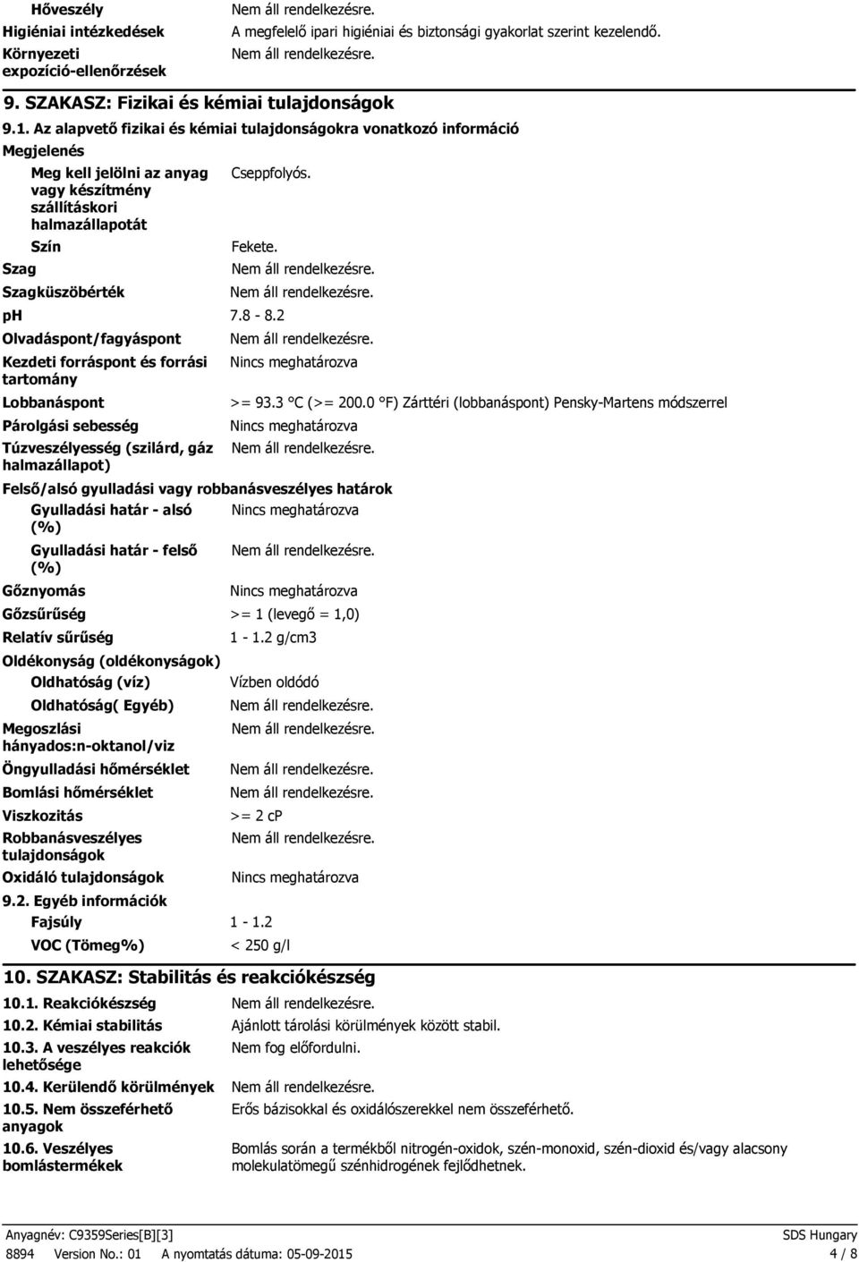 ph 7.8 8.2 Olvadáspont/fagyáspont Kezdeti forráspont és forrási tartomány Lobbanáspont Párolgási sebesség Túzveszélyesség (szilárd, gáz halmazállapot) >= 93.3 C (>= 200.