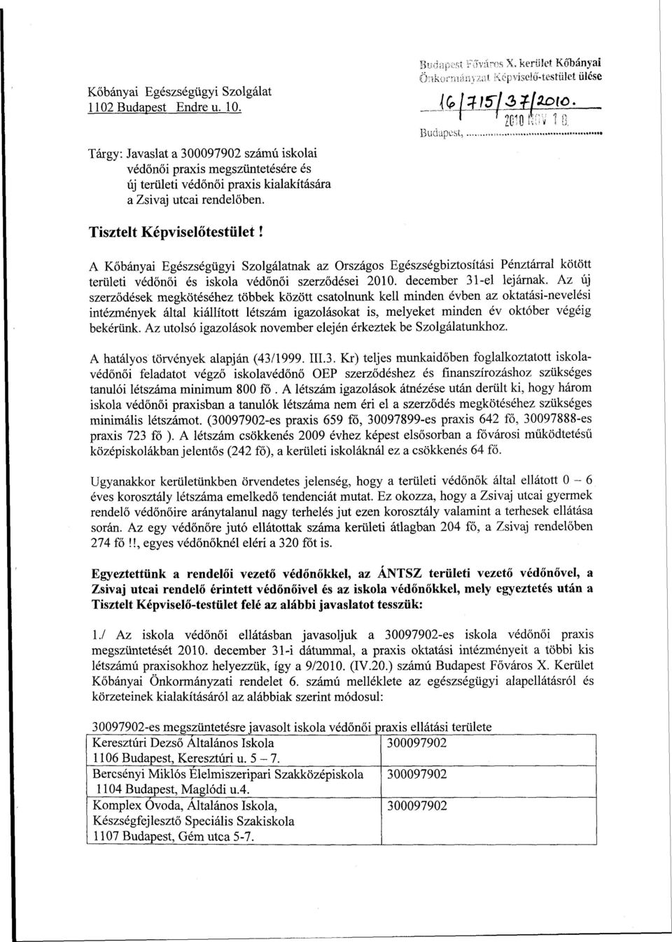 . < \-'j* Kiclő-testülct ülése lg>ll15'l3*l*dto. r T2öíofivTa Budapest, Tisztelt Képviselőtestület!