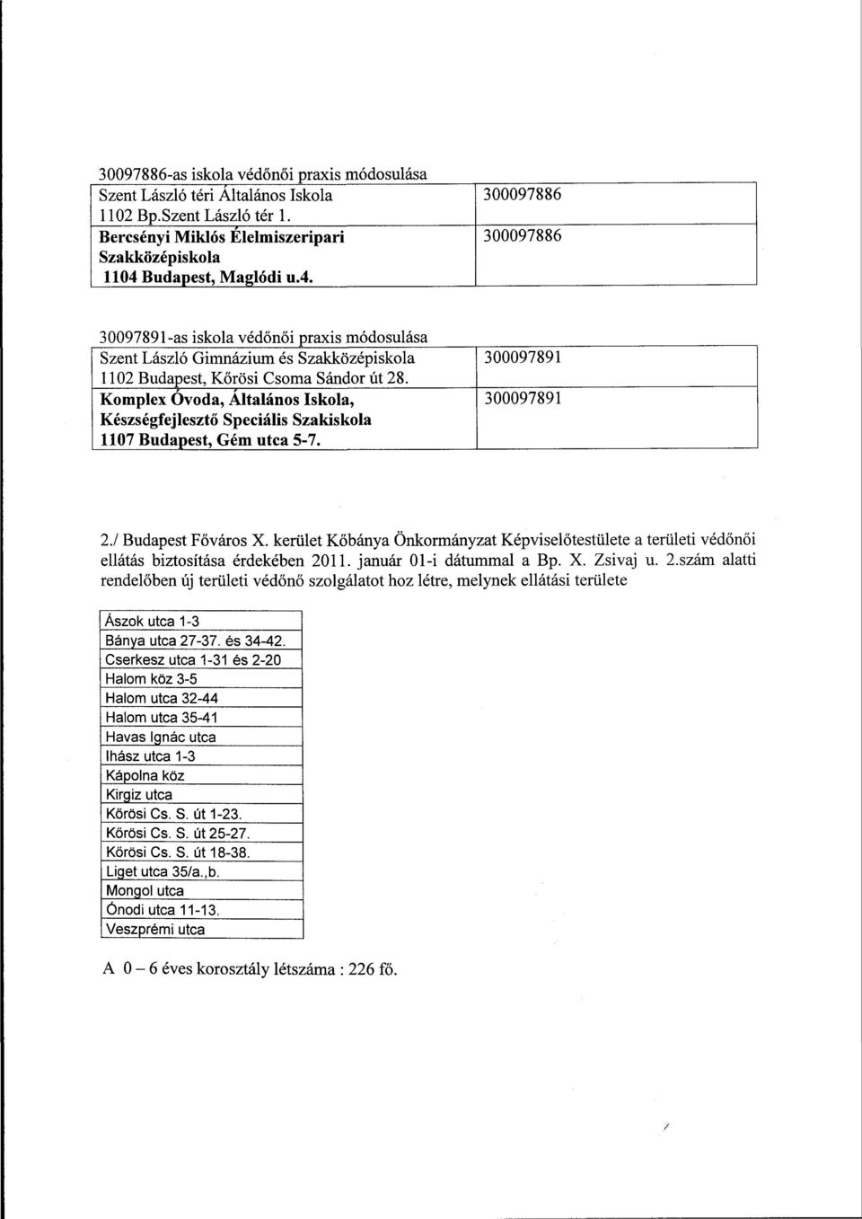 Komplex Óvoda, Altalános Iskola, 2.1 Budapest Főváros X. kerület Kőbánya Önkormányzat Képviselőtestülete a területi védőnői ellátás biztosítása érdekében 2011. január 01-i dátummal a Bp. X. Zsivaj u.