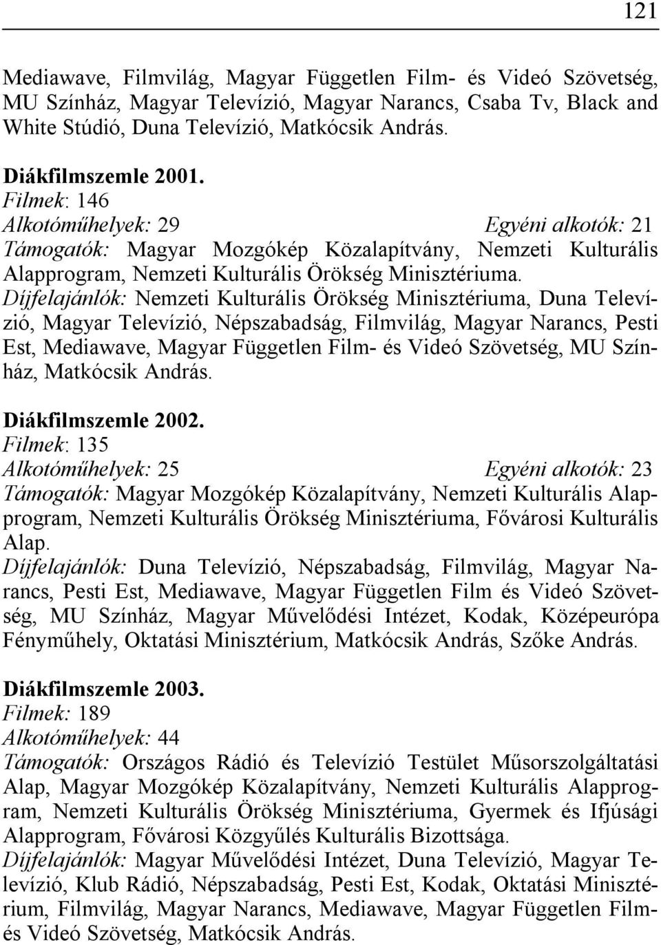 Díjfelajánlók: Nemzeti Kulturális Örökség Minisztériuma, Duna Televízió, Magyar Televízió, Népszabadság, Filmvilág, Magyar Narancs, Pesti Est, Mediawave, Magyar Független Film- és Videó Szövetség, MU