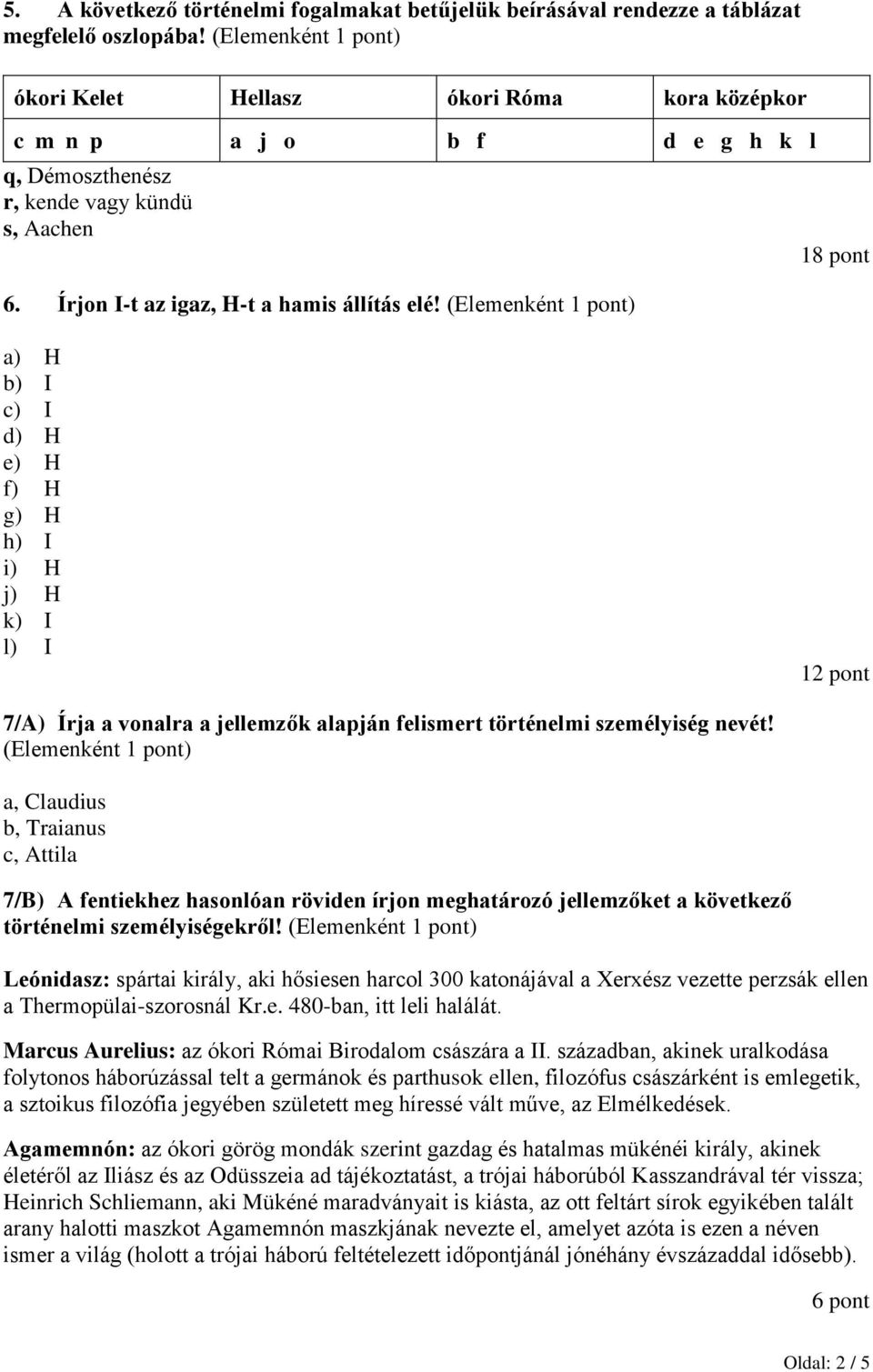 (Elemenként 1 pont) 18 pont a) H b) I c) I d) H e) H f) H g) H h) I i) H j) H k) I l) I 12 pont 7/A) Írja a vonalra a jellemzők alapján felismert történelmi személyiség nevét!