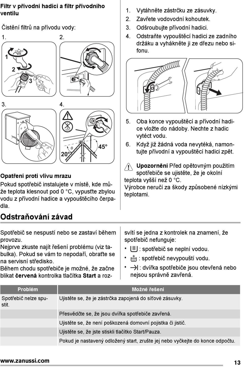 Když již žádná voda nevytéká, namontujte přívodní a vypouštěcí hadici zpět.