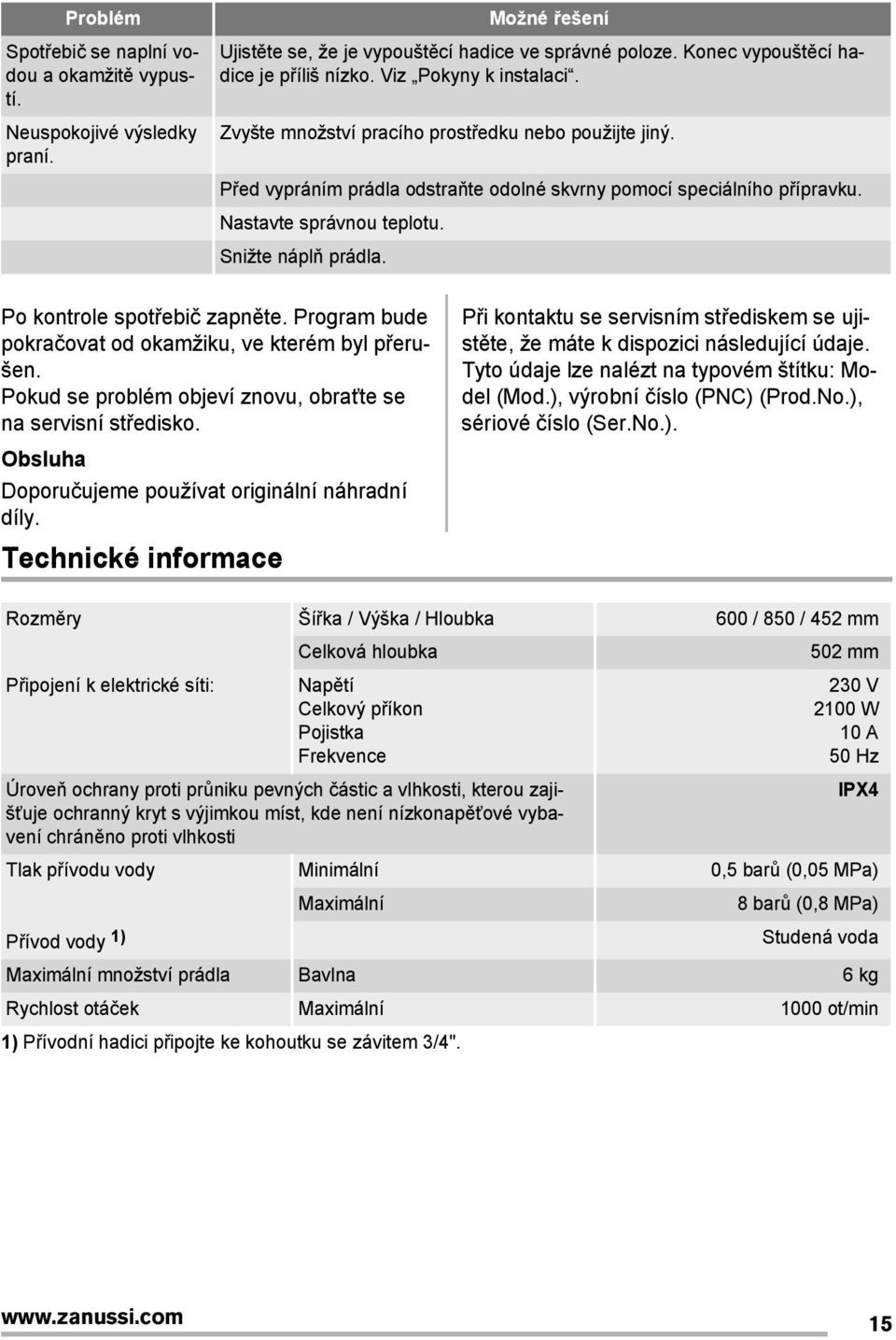 Snižte náplň prádla. Po kontrole spotřebič zapněte. Program bude pokračovat od okamžiku, ve kterém byl přerušen. Pokud se problém objeví znovu, obraťte se na servisní středisko.