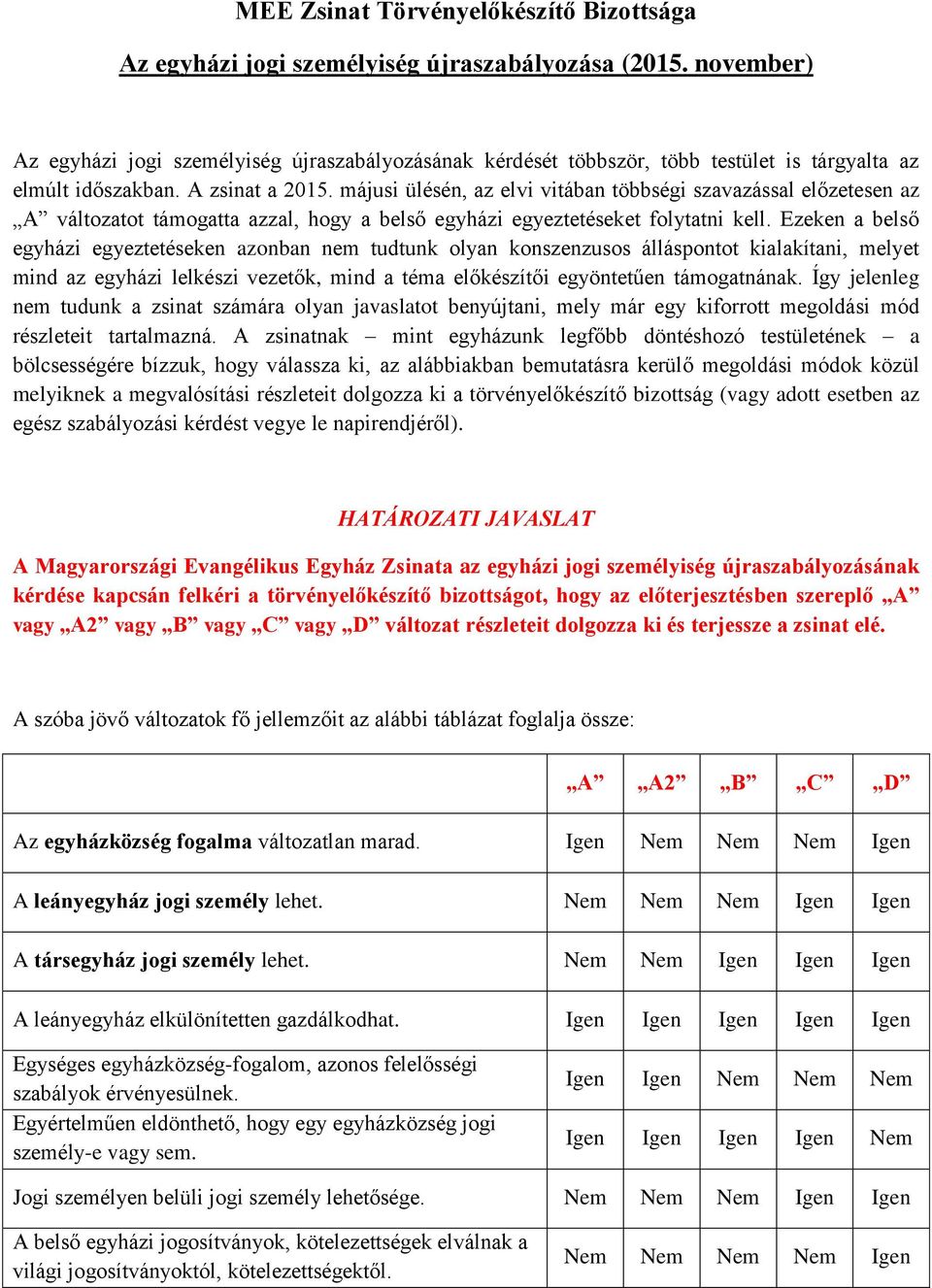 májusi ülésén, az elvi vitában többségi szavazással előzetesen az A változatot támogatta azzal, hogy a belső egyházi egyeztetéseket folytatni kell.