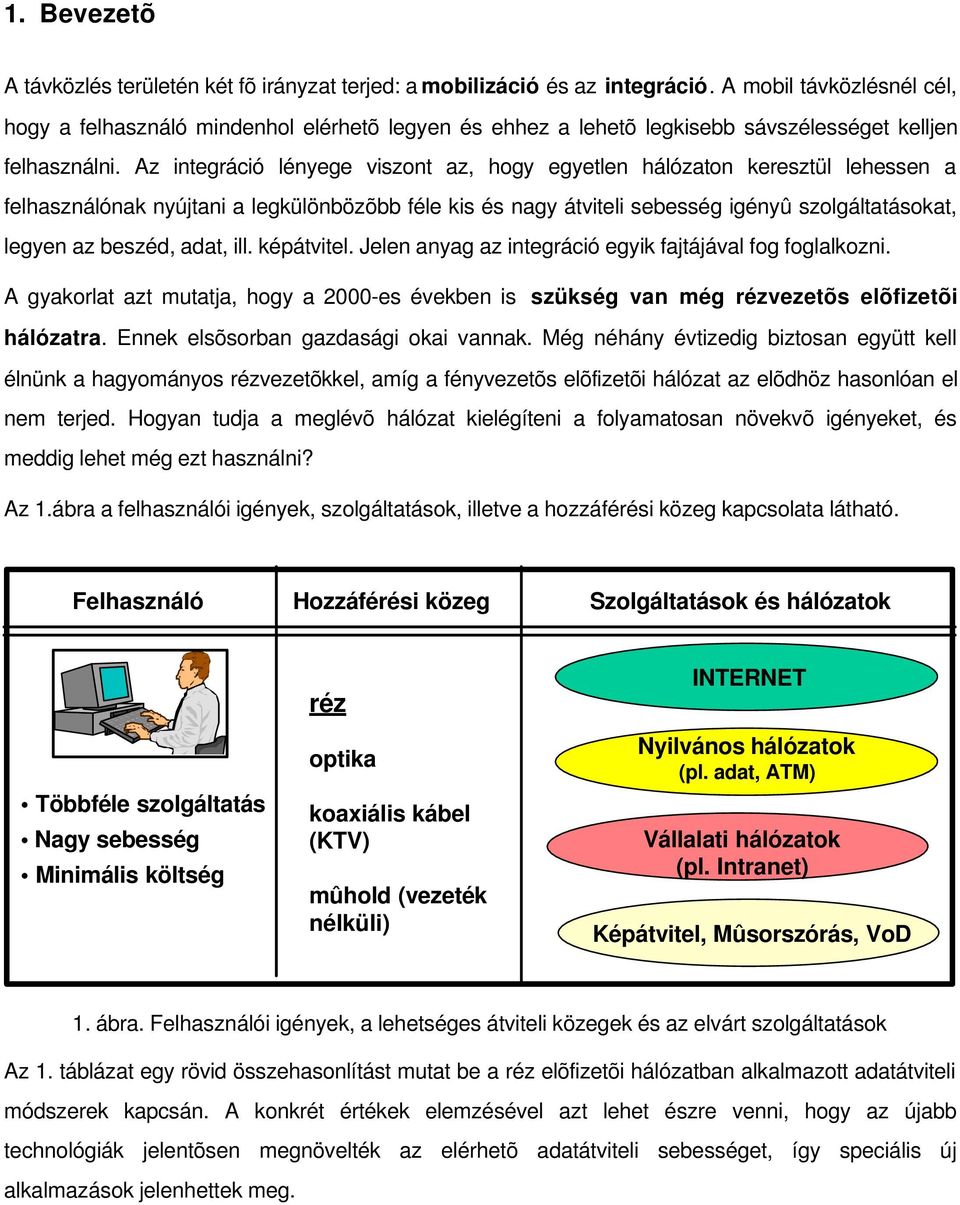 Az integráció lényege viszont az, hogy egyetlen hálózaton keresztül lehessen a felhasználónak nyújtani a legkülönbözõbb féle kis és nagy átviteli sebesség igényû szolgáltatásokat, legyen az beszéd,