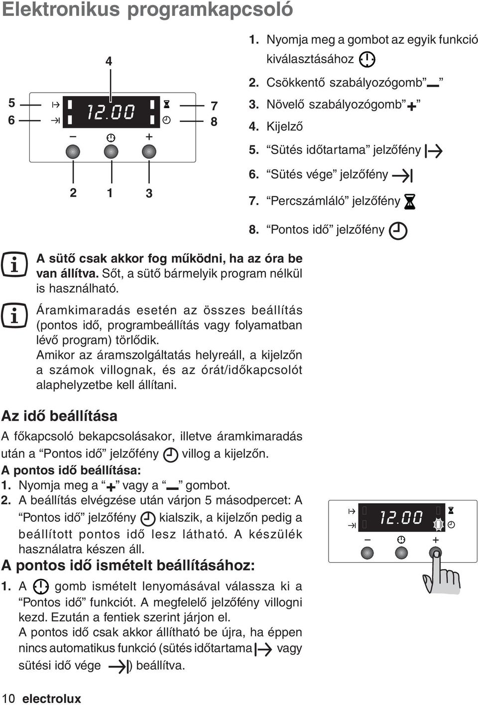 Áramkimaradás esetén az összes beállítás (pontos idő, programbeállítás vagy folyamatban lévő program) törlődik.