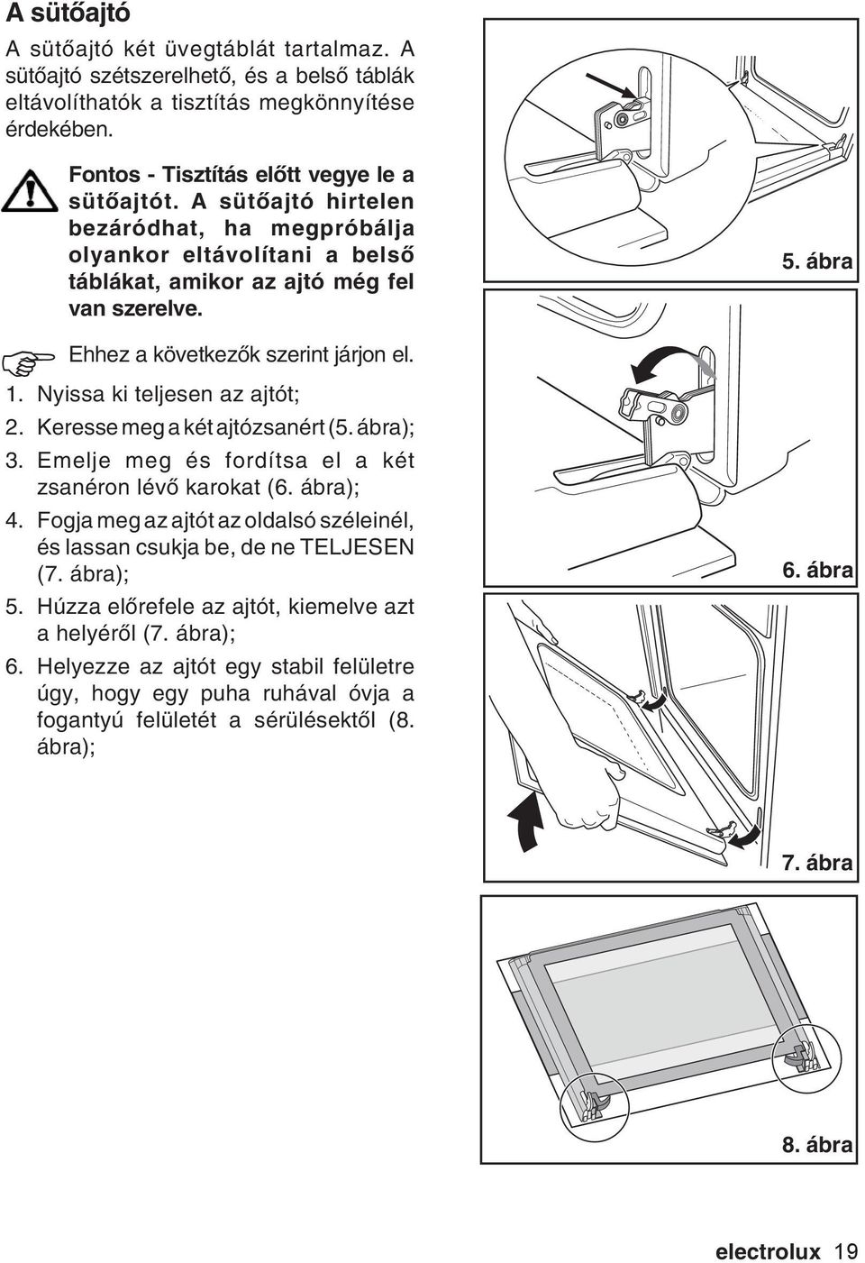 Keresse meg a két ajtózsanért (5. ábra); 3. Emelje meg és fordítsa el a két zsanéron lévő karokat (6. ábra); 4. Fogja meg az ajtót az oldalsó széleinél, és lassan csukja be, de ne TELJESEN (7.