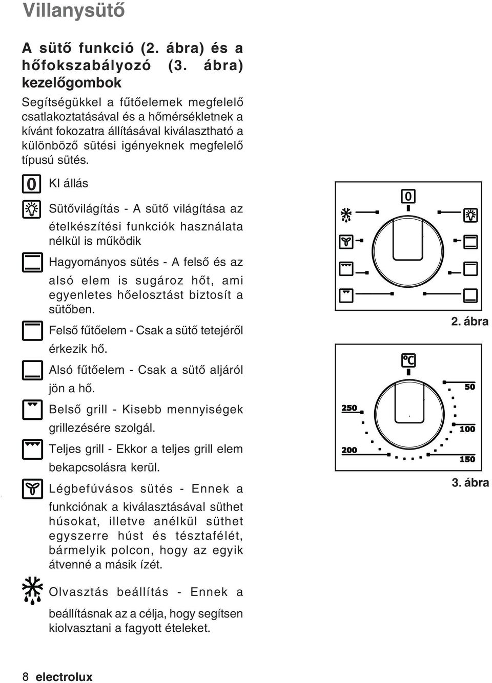 0 KI állás Sütővilágítás - A sütő világítása az ételkészítési funkciók használata nélkül is működik Hagyományos sütés - A felső és az alsó elem is sugároz hőt, ami egyenletes hőelosztást biztosít a