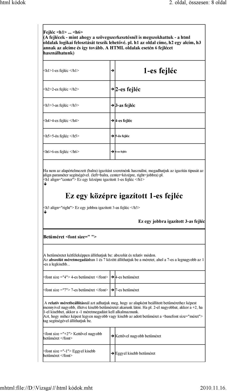 A HTML oldalak esetén 6 fejlécet használhatunk) <h1>1-es fejléc </h1> 1-es fejléc <h2>2-es fejléc </h2> 2-es fejléc <h3>3-as fejléc </h3> 3-as fejléc <h4>4-es fejléc </h4> 4-es fejléc <h5>5-ös fejléc