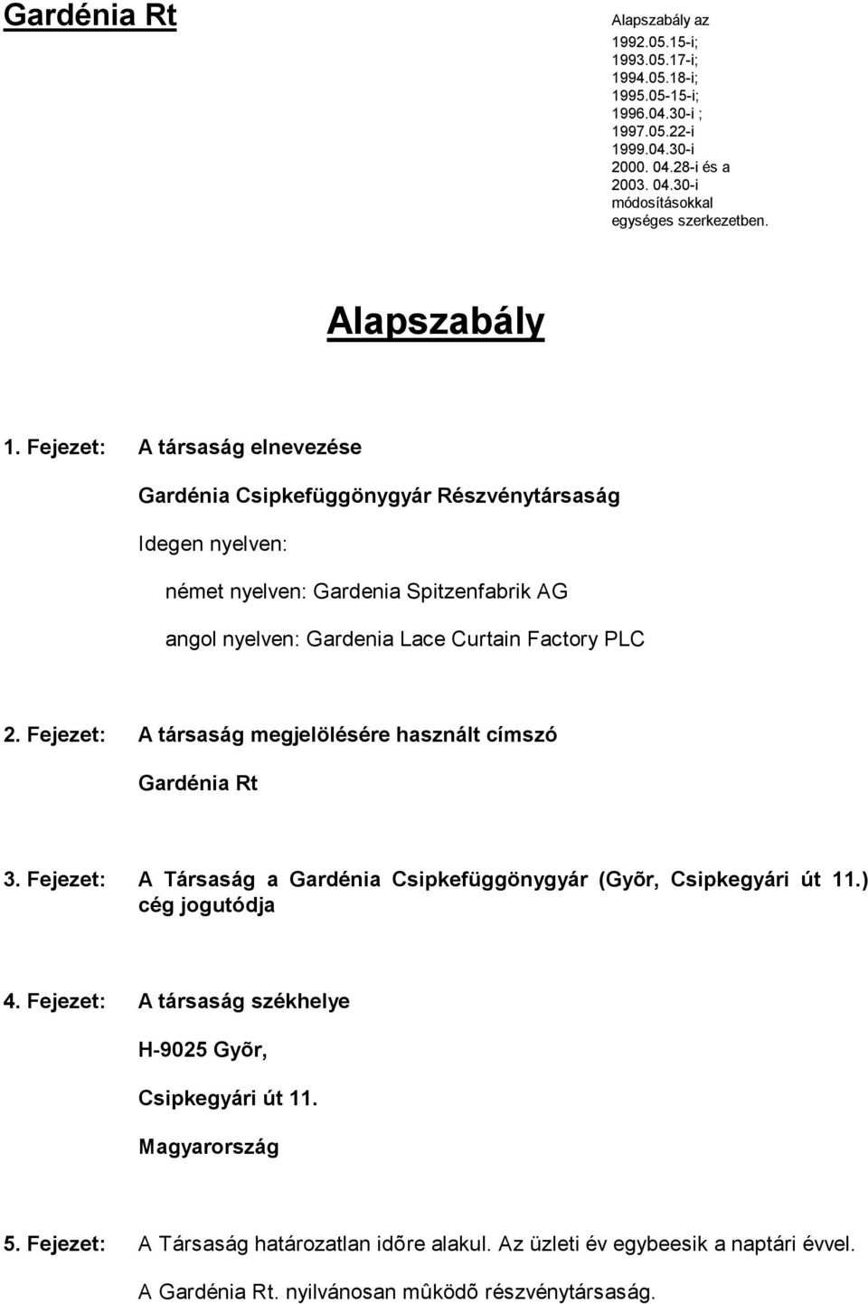 Fejezet: A társaság elnevezése Gardénia Csipkefüggönygyár Részvénytársaság Idegen nyelven: német nyelven: Gardenia Spitzenfabrik AG angol nyelven: Gardenia Lace Curtain Factory PLC 2.