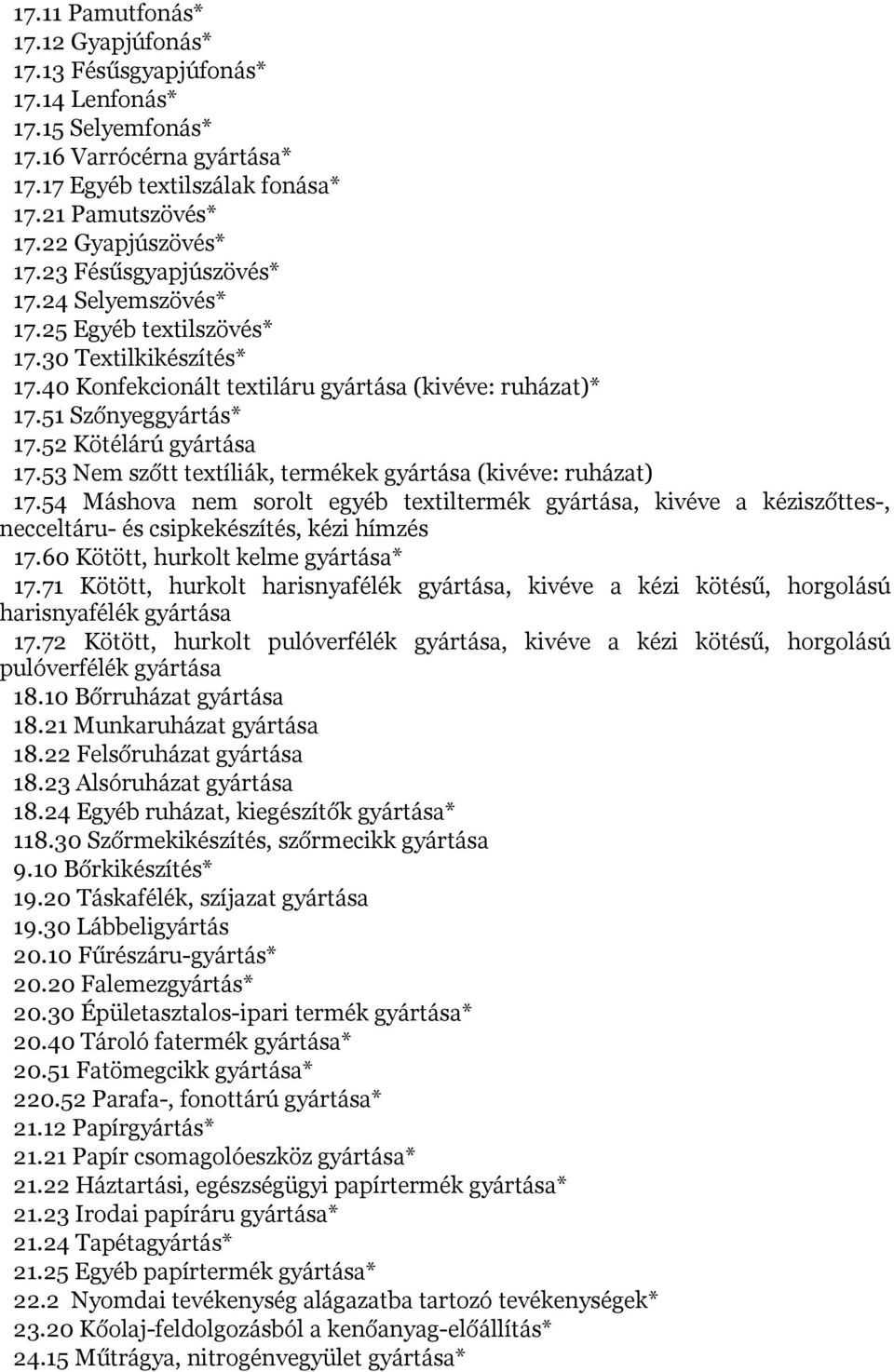 53 Nem szőtt textíliák, termékek gyártása (kivéve: ruházat) 17.54 Máshova nem sorolt egyéb textiltermék gyártása, kivéve a kéziszőttes-, necceltáru- és csipkekészítés, kézi hímzés 17.