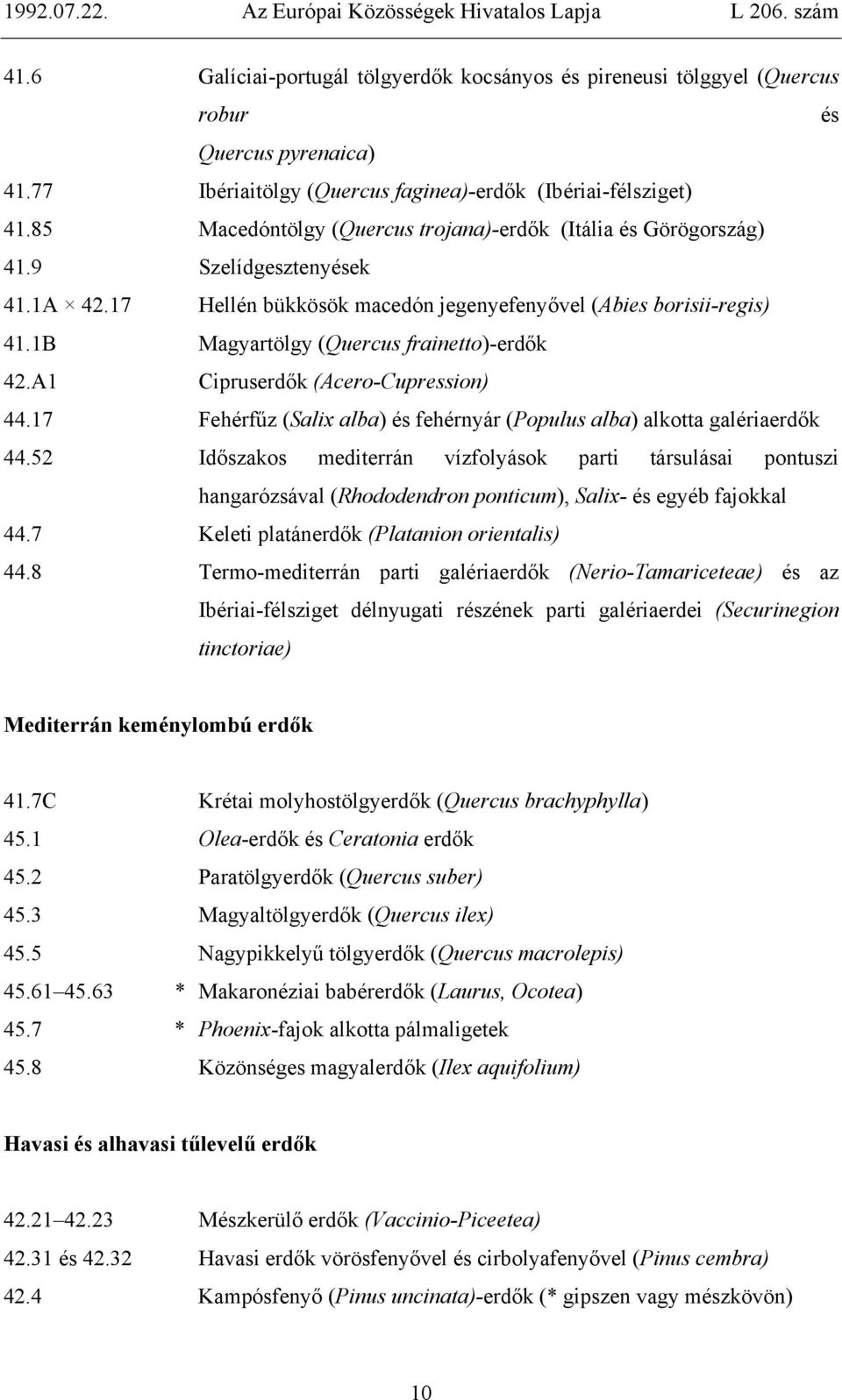 1B Magyartölgy (Quercus frainetto)-erdők 42.A1 Cipruserdők (Acero-Cupression) 44.17 Fehérfűz (Salix alba) és fehérnyár (Populus alba) alkotta galériaerdők 44.