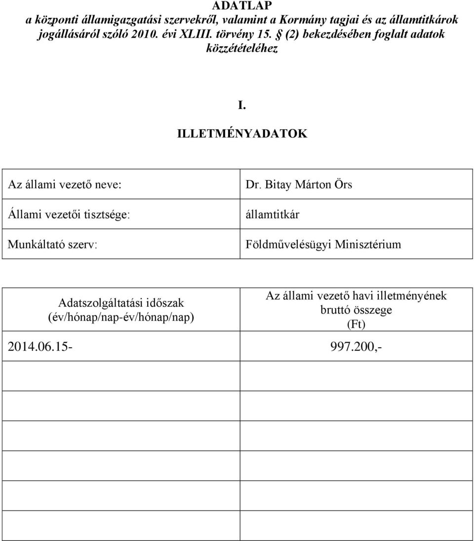 ILLETMÉNYADATOK Földművelésügyi Minisztérium