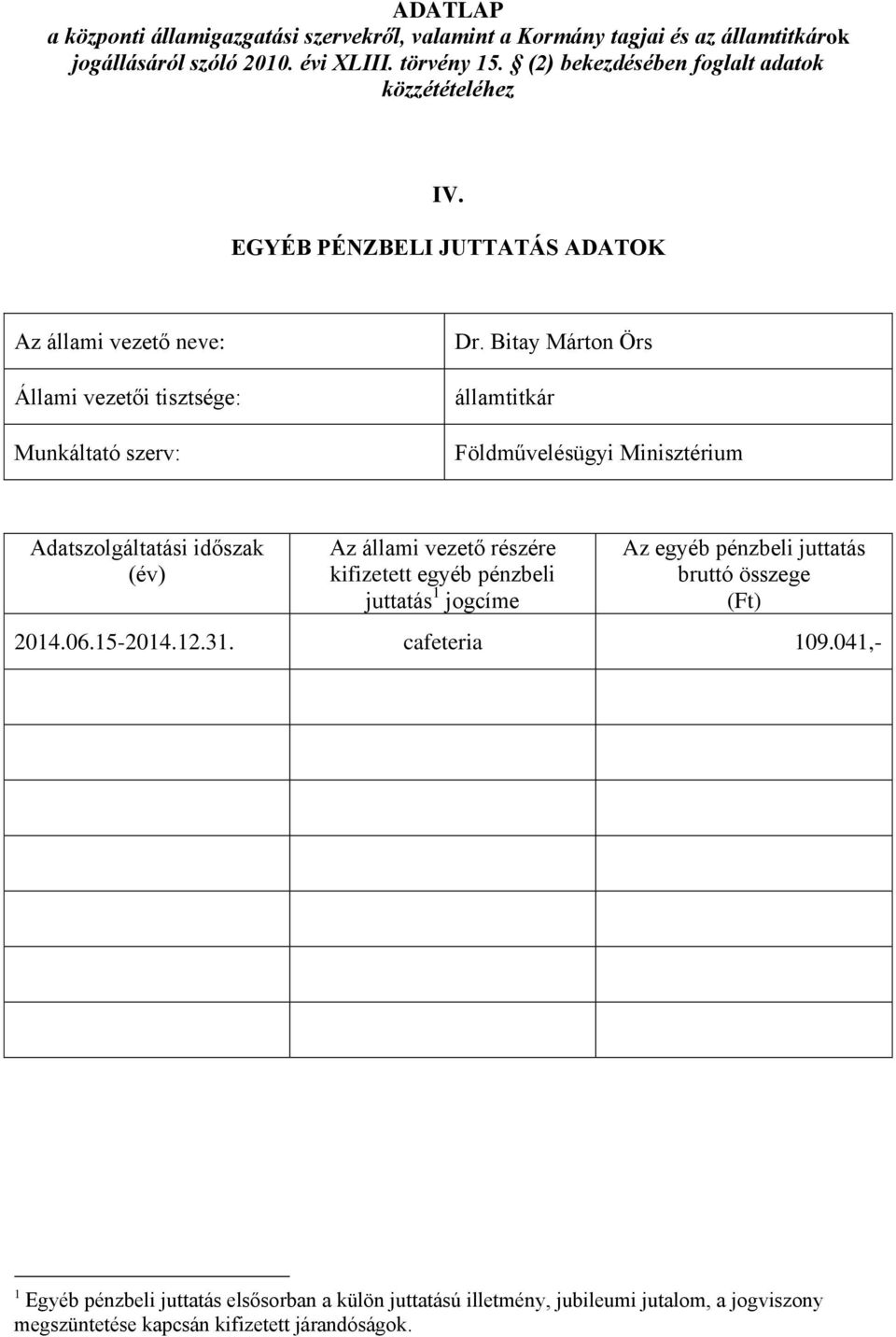 pénzbeli juttatás 1 jogcíme Az egyéb pénzbeli juttatás 2014.06.15-2014.12.31. cafeteria 109.