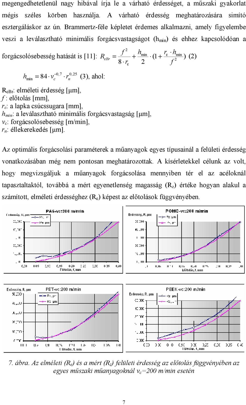 ebr = + (1 + ) 2 8 r 2 f ε (2) h = v c r 0,7 0,25 min 84 n (3), ahol: R ebr : elméleti érdesség [μm], f : előtolás [mm], r ε : a lapka csúcssugara [mm], h min : a leválasztható minimális