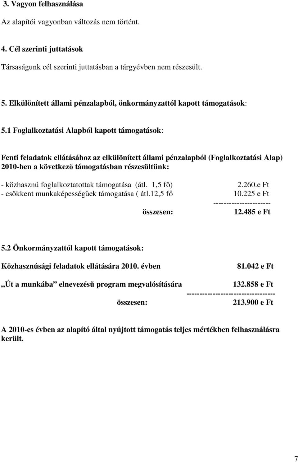 1 Foglalkoztatási Alapból kapott támogatások: Fenti feladatok ellátásához az elkülönített állami pénzalapból (Foglalkoztatási Alap) 2010-ben a következő támogatásban részesültünk: - közhasznú