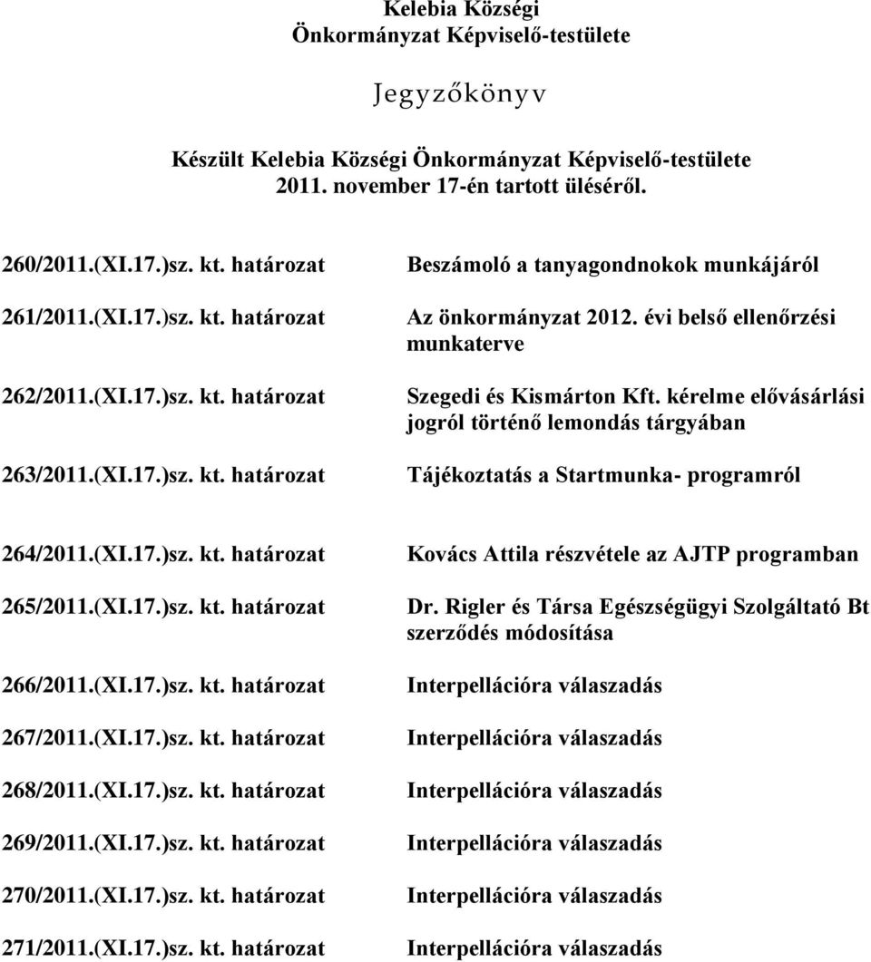 évi belső ellenőrzési munkaterve Szegedi és Kismárton Kft. kérelme elővásárlási jogról történő lemondás tárgyában Tájékoztatás a Startmunka- programról 264/2011.(XI.17.)sz. kt. határozat 265/2011.(XI.17.)sz. kt. határozat 266/2011.