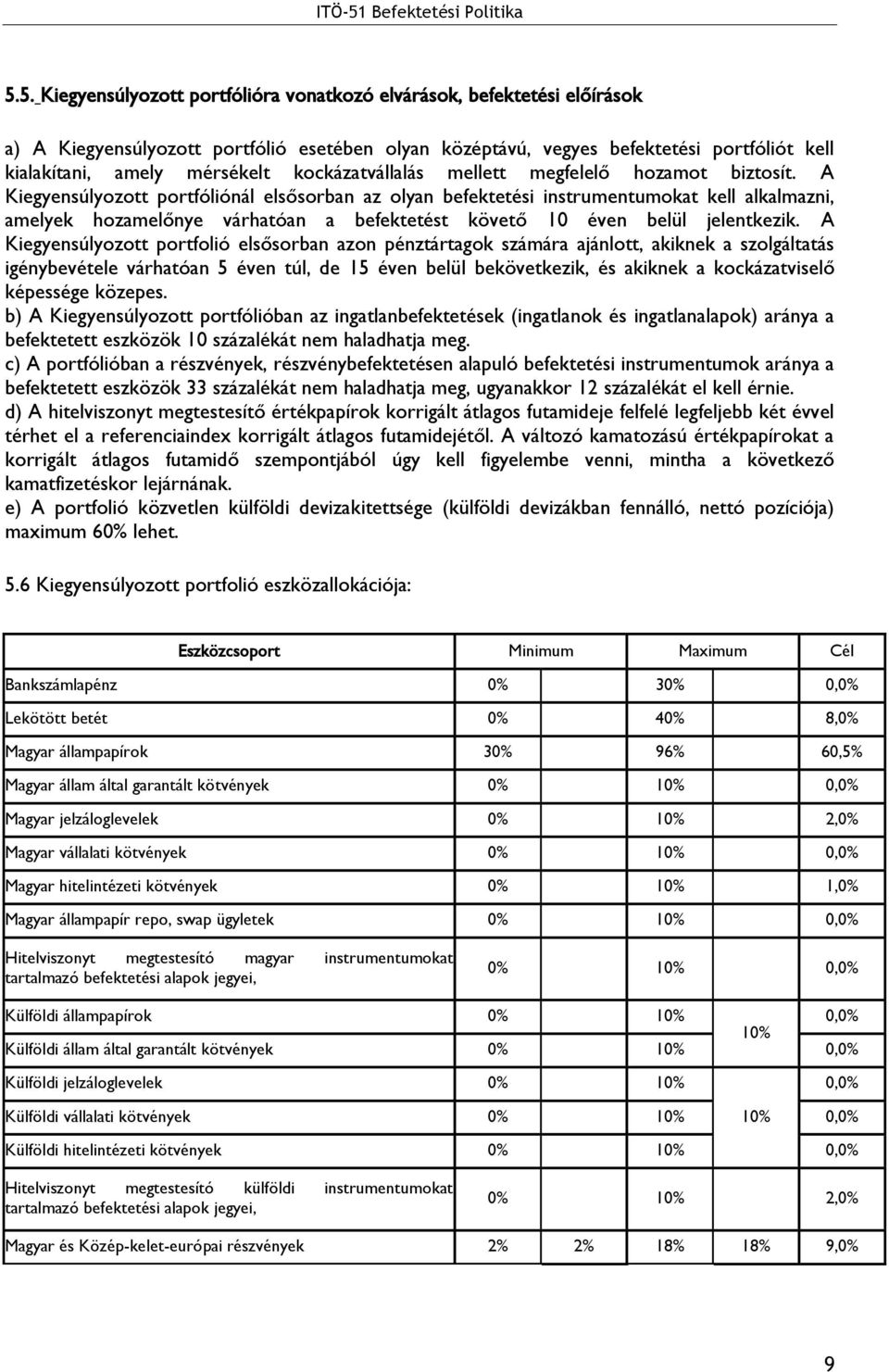 A Kiegyensúlyozott portfóliónál elsősorban az olyan befektetési instrumentumokat kell alkalmazni, amelyek hozamelőnye várhatóan a befektetést követő 10 éven belül jelentkezik.