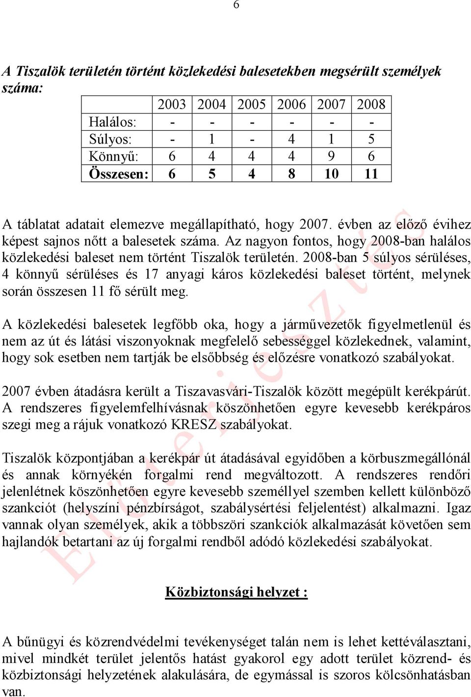 Az nagyon fontos, hogy 2008-ban halálos közlekedési baleset nem történt Tiszalök területén.