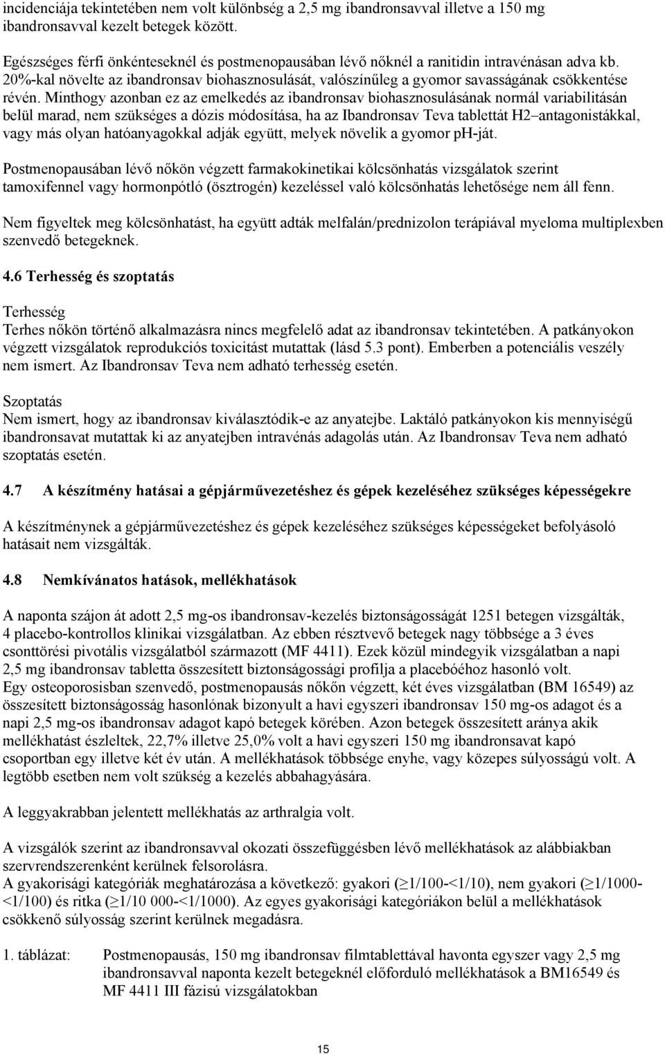 Minthogy azonban ez az emelkedés az ibandronsav biohasznosulásának normál variabilitásán belül marad, nem szükséges a dózis módosítása, ha az Ibandronsav Teva tablettát H2 antagonistákkal, vagy más