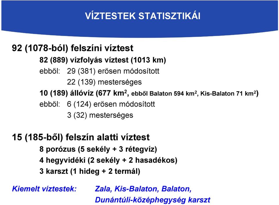 erősen módosított 3 (32) mesterséges 15 (185-ből) felszín alatti víztest 8 porózus (5 sekély + 3 rétegvíz) 4 hegyvidéki