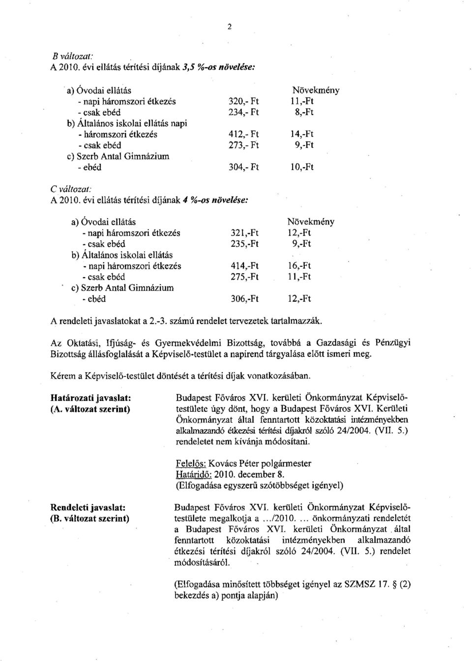 412,-Ft 14,-Ft - csak ebéd 273,- Ft 9,-Ft c) Szerb Antal Gimnázium -ebéd 304,-Ft 10,-Ft C változat: A 2010.