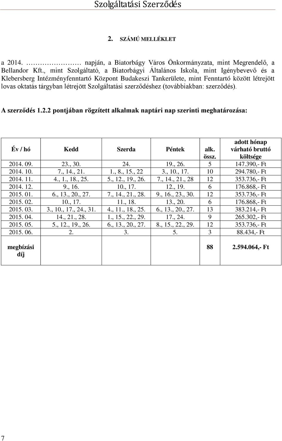 létrejött Szolgáltatási szerződéshez (továbbiakban: szerződés). A szerződés 1.2.2 pontjában rögzített alkalmak naptári nap szerinti meghatározása: Év / hó Kedd Szerda Péntek alk. össz.