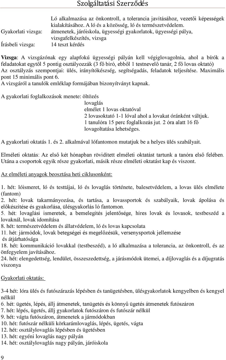 feladatokat egytől 5 pontig osztályozzák (3 fő bíró, ebből 1 testnevelő tanár, 2 fő lovas oktató) Az osztályzás szempontjai: ülés, irányítókészség, segítségadás, feladatok teljesítése.