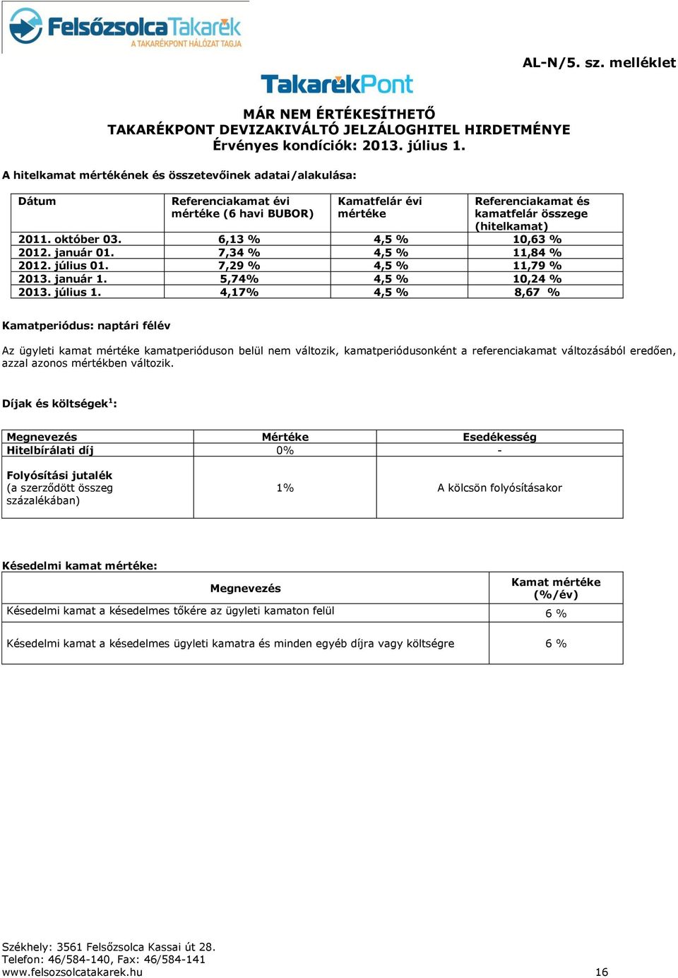 6,13 % 4,5 % 10,63 % 2012. január 01. 7,34 % 4,5 % 11,84 % 2012. július 01. 7,29 % 4,5 % 11,79 % 2013. január 1. 5,74% 4,5 % 10,24 % 2013. július 1.