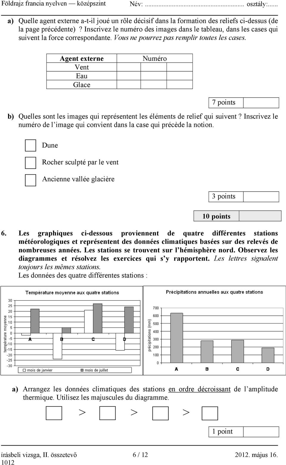 Agent externe Vent Eau Glace Numéro 7 points b) Quelles sont les images qui représentent les éléments de relief qui suivent?