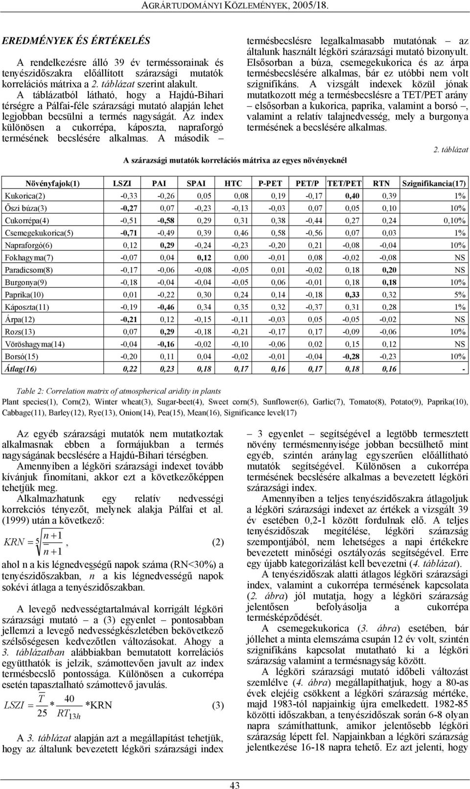 Az index különösen a cukorrépa, káposzta, napraforgó termésének becslésére alkalmas.