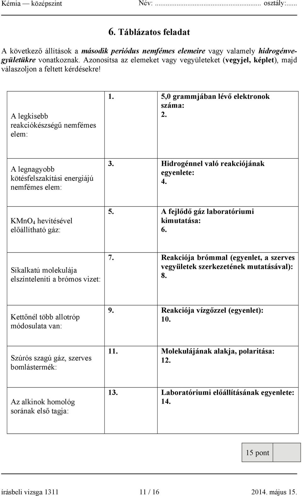 A legnagyobb kötésfelszakítási energiájú nemfémes elem: 3. Hidrogénnel való reakciójának egyenlete: 4. KMnO 4 hevítésével előállítható gáz: 5. A fejlődő gáz laboratóriumi kimutatása: 6.