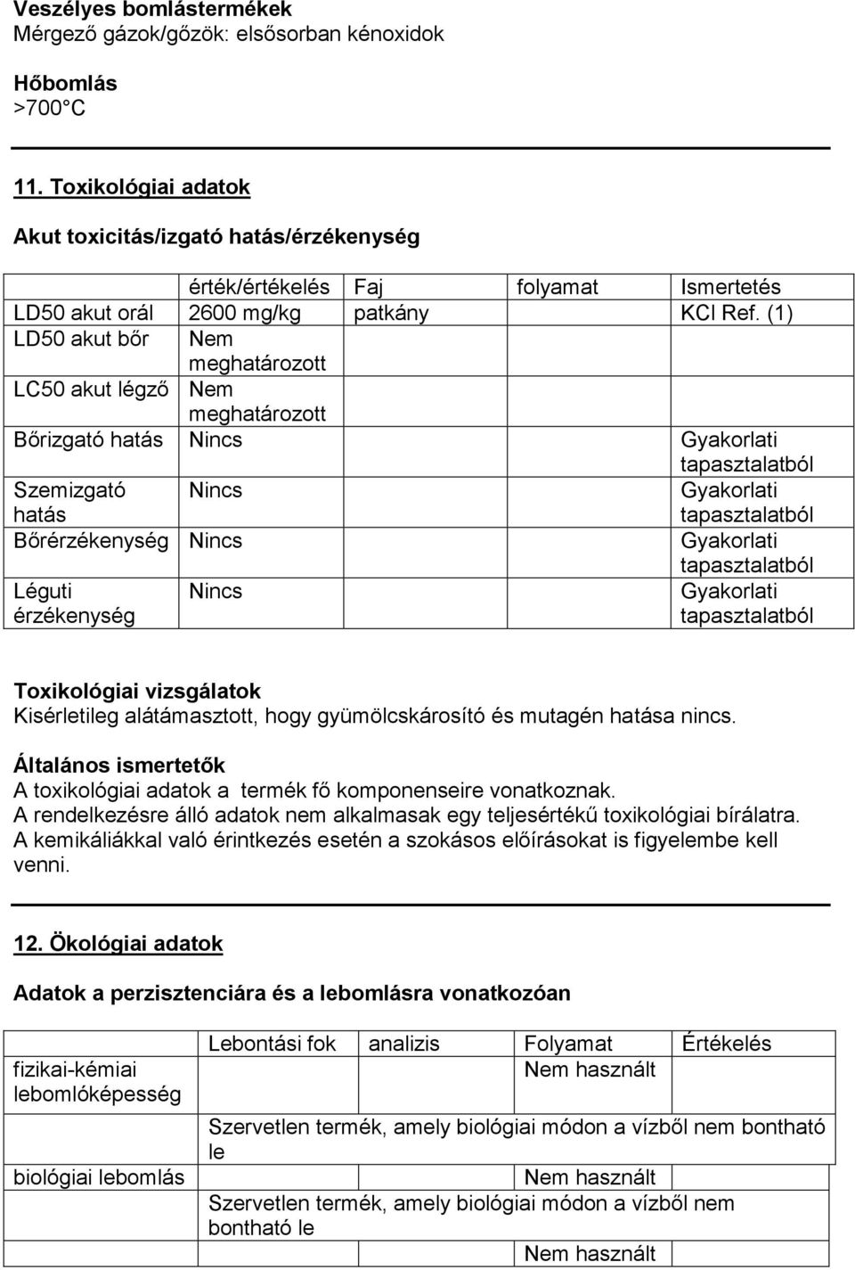 (1) LD50 akut bőr Nem meghatározott LC50 akut légző Nem meghatározott Bőrizgató hatás Gyakorlati tapasztalatból Szemizgató hatás Gyakorlati tapasztalatból Bőrérzékenység Gyakorlati Léguti érzékenység