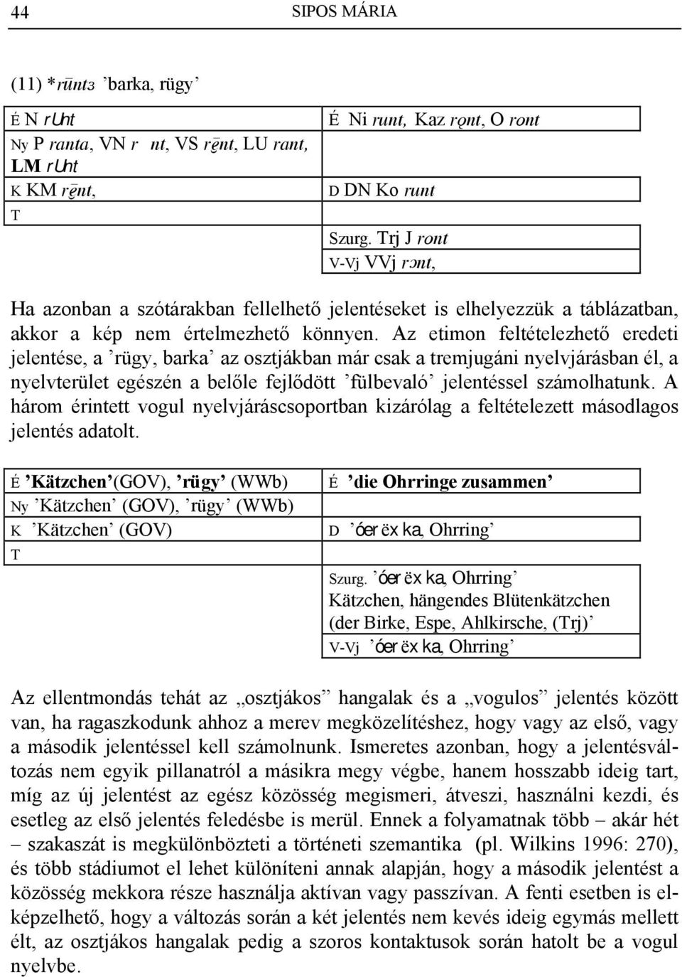 Az etimon feltételezhető eredeti jelentése, a rügy, barka az osztjákban már csak a tremjugáni nyelvjárásban él, a nyelvterület egészén a belőle fejlődött fülbevaló jelentéssel számolhatunk.