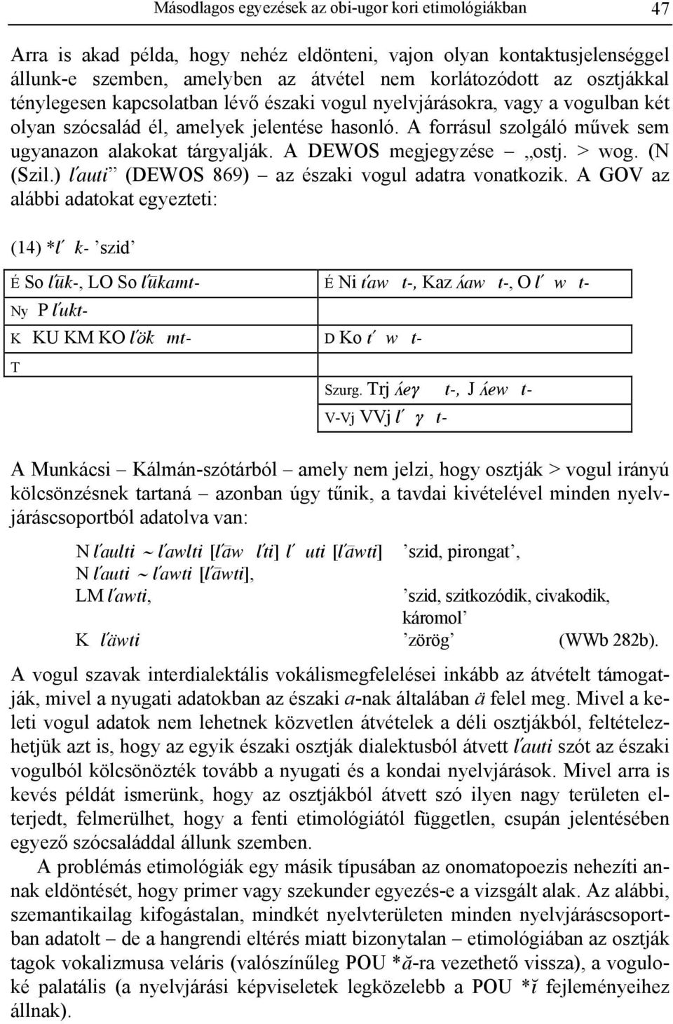 A DEWOS megjegyzése ostj. > wog. (N (Szil.) Lauti (DEWOS 869) az északi vogul adatra vonatkozik.