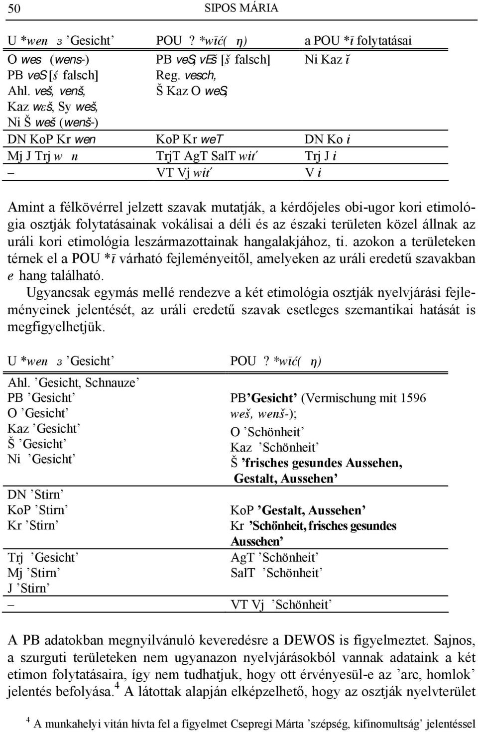 folytatásainak vokálisai a déli és az északi területen közel állnak az uráli kori etimológia leszármazottainak hangalakjához, ti.