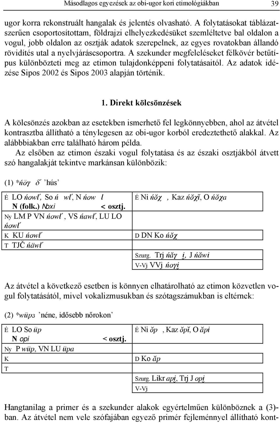 a nyelvjáráscsoportra. A szekunder megfeleléseket félkövér betűtípus különbözteti meg az etimon tulajdonképpeni folytatásaitól. Az adatok idézése Sipos 2002 és Sipos 2003 alapján történik. 1.