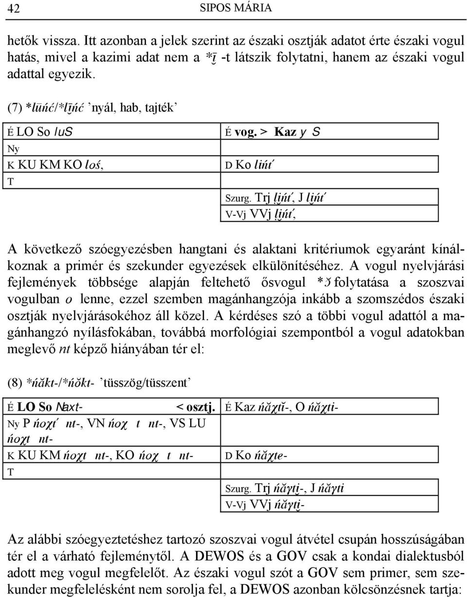 rj yün, J lün V-Vj VVj yün, A következő szóegyezésben hangtani és alaktani kritériumok egyaránt kínálkoznak a primér és szekunder egyezések elkülönítéséhez.