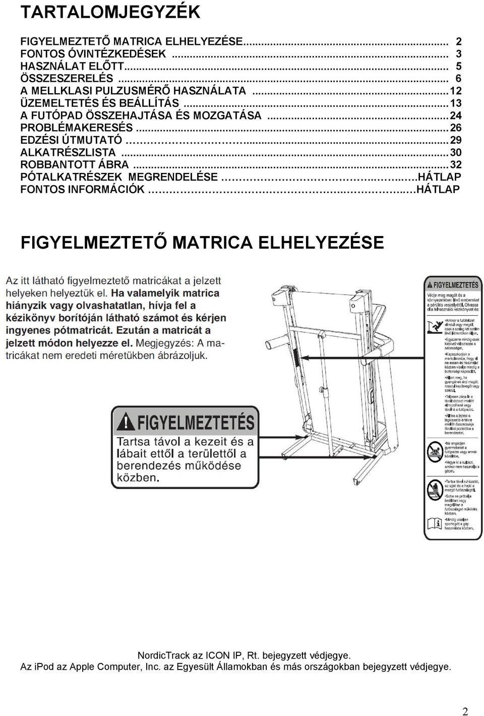 ..26 EDZÉSI ÚTMUTATÓ...29 ALKATRÉSZLISTA...30 ROBBANTOTT ÁBRA...32 PÓTALKATRÉSZEK MEGRENDELÉSE.....HÁTLAP FONTOS INFORMÁCIÓK.