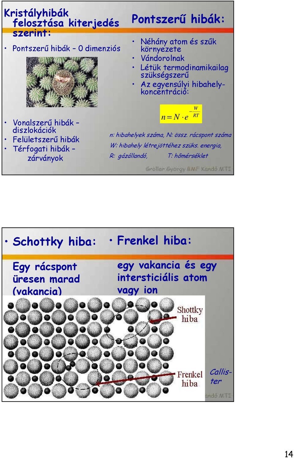 energia, R: gázállandó, T: hőmérséklet Schottky hiba: Egy rácspont üresen marad (vakancia) Frenkel hiba: egy vakancia és egy