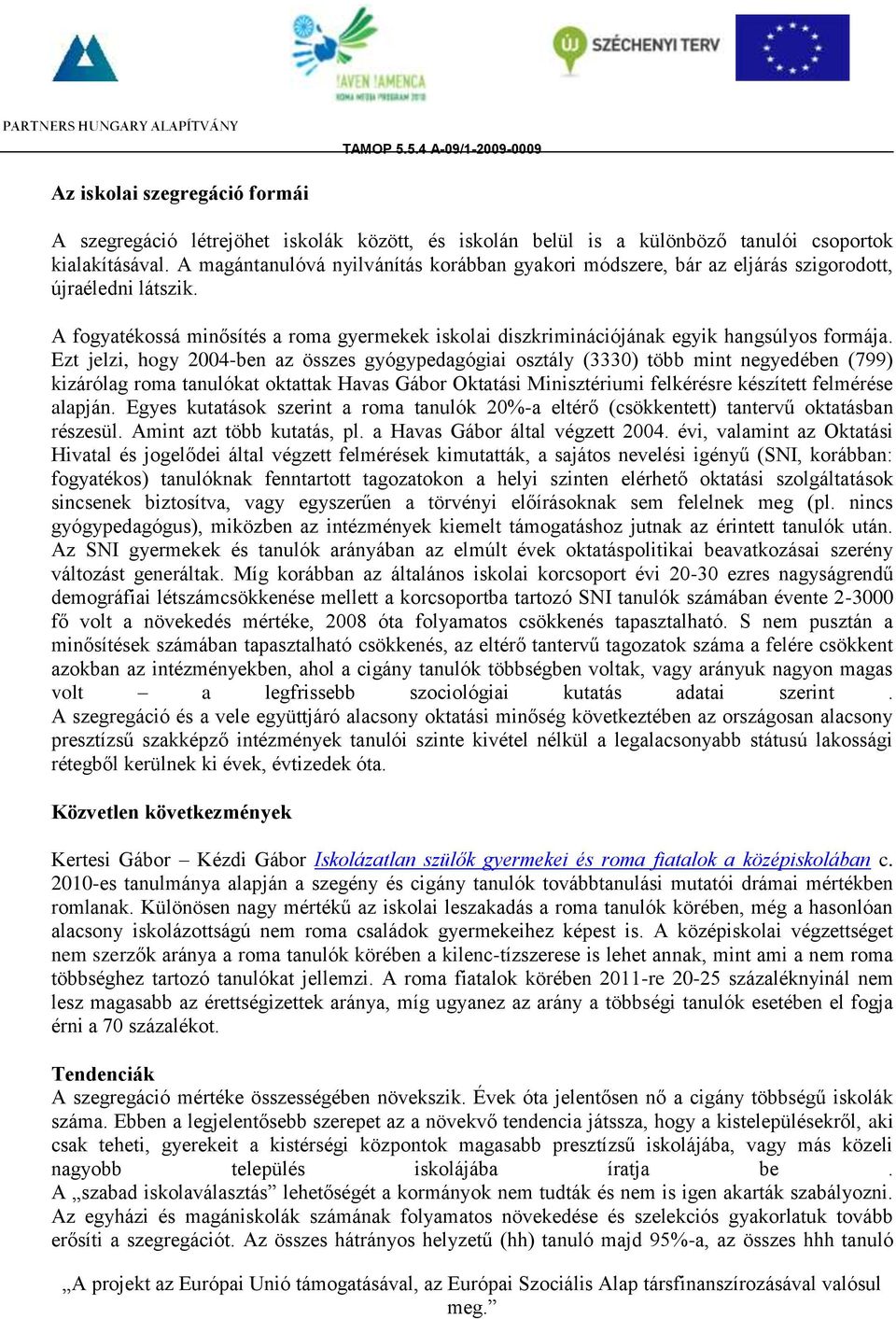 Ezt jelzi, hogy 2004-ben az összes gyógypedagógiai osztály (3330) több mint negyedében (799) kizárólag roma tanulókat oktattak Havas Gábor Oktatási Minisztériumi felkérésre készített felmérése