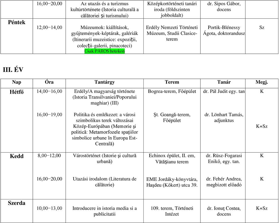 tan 16,00 19,00 Politika és emlékezet: a városi szimbolikus terek változásai özép-európában (Memorie şi politică: Metamorfozele spaţiilor simbolice urbane în Europa Est- Centrală) Şt.