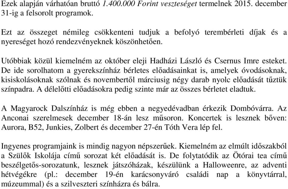 Utóbbiak közül kiemelném az október eleji Hadházi László és Csernus Imre esteket.