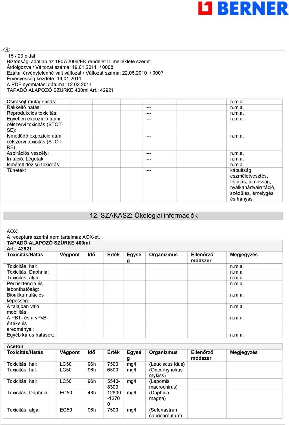 SZAKASZ: Ökológiai információk AOX: A receptura szerint nem tartalmaz AOX-et. TAPADÓ ALAPOZÓ SZÜRKE 400ml Art.