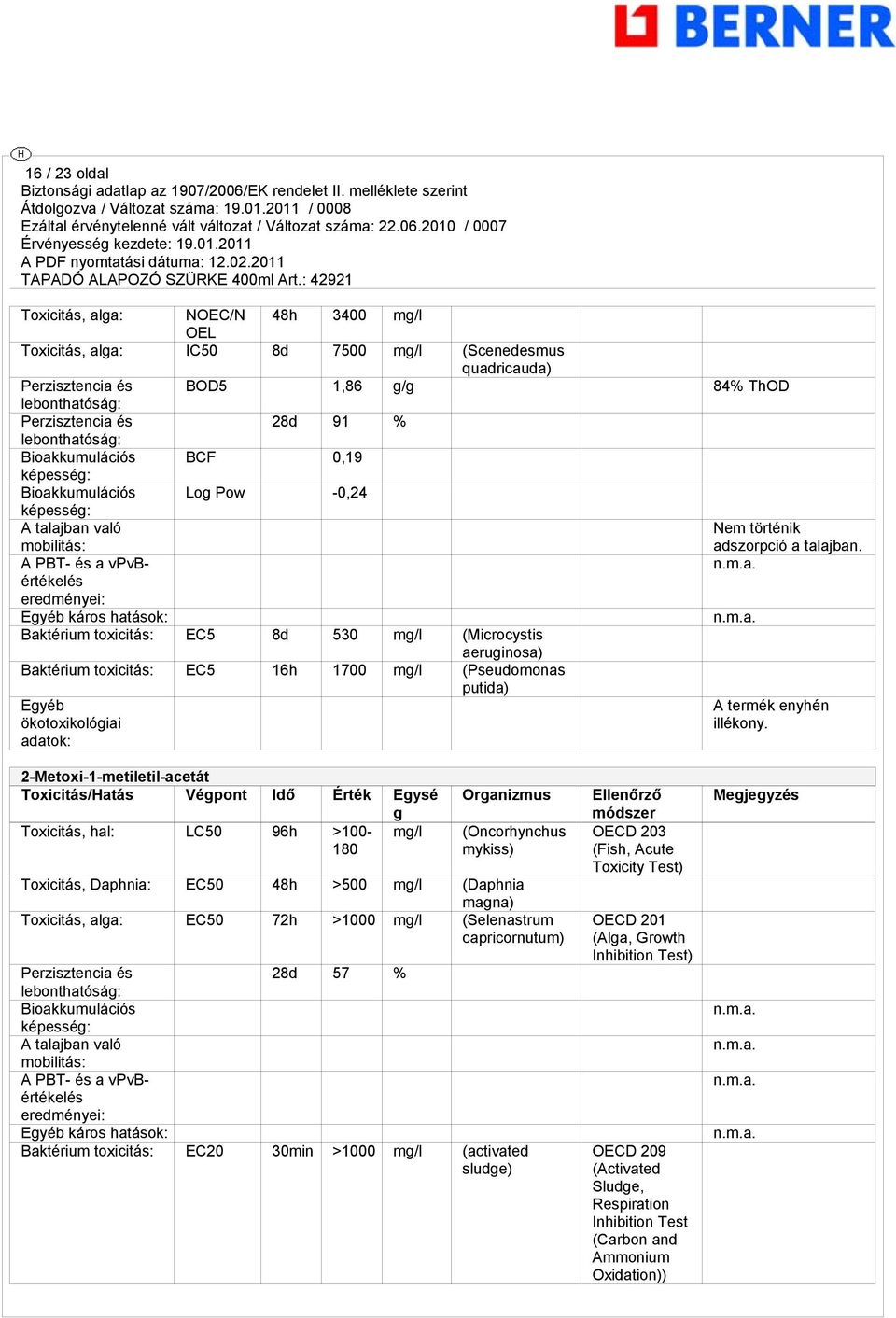 A PBT- és a vpvbértékelés eredményei: Egyéb káros hatások: Baktérium toxicitás: EC5 8d 530 mg/l (Microcystis aeruginosa) Baktérium toxicitás: EC5 16h 1700 mg/l (Pseudomonas putida) Egyéb